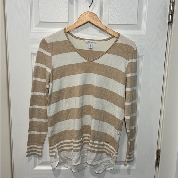 Calvin Klein Beige and White Striped V-Neck Sweater Top - Picture 9 of 9